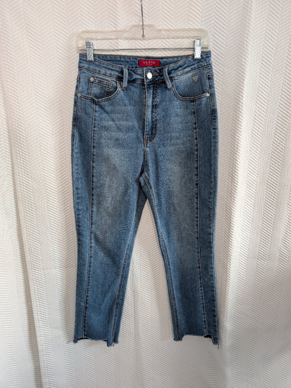 Guess High Rise Crop Jeans Front Seams Distressed Back Pockets Size 28 Denim
